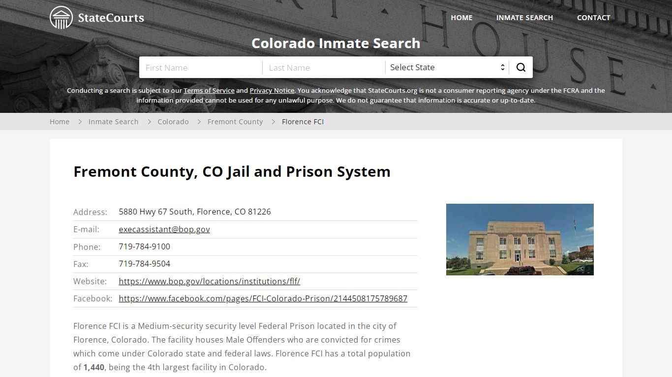 Florence FCI Inmate Records Search, Colorado - StateCourts